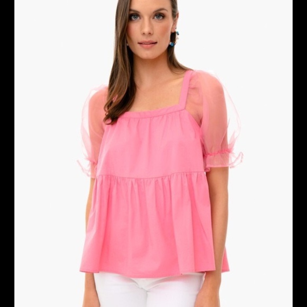 Tuckernuck Pink Puff Sleeve Square Neck Blouse